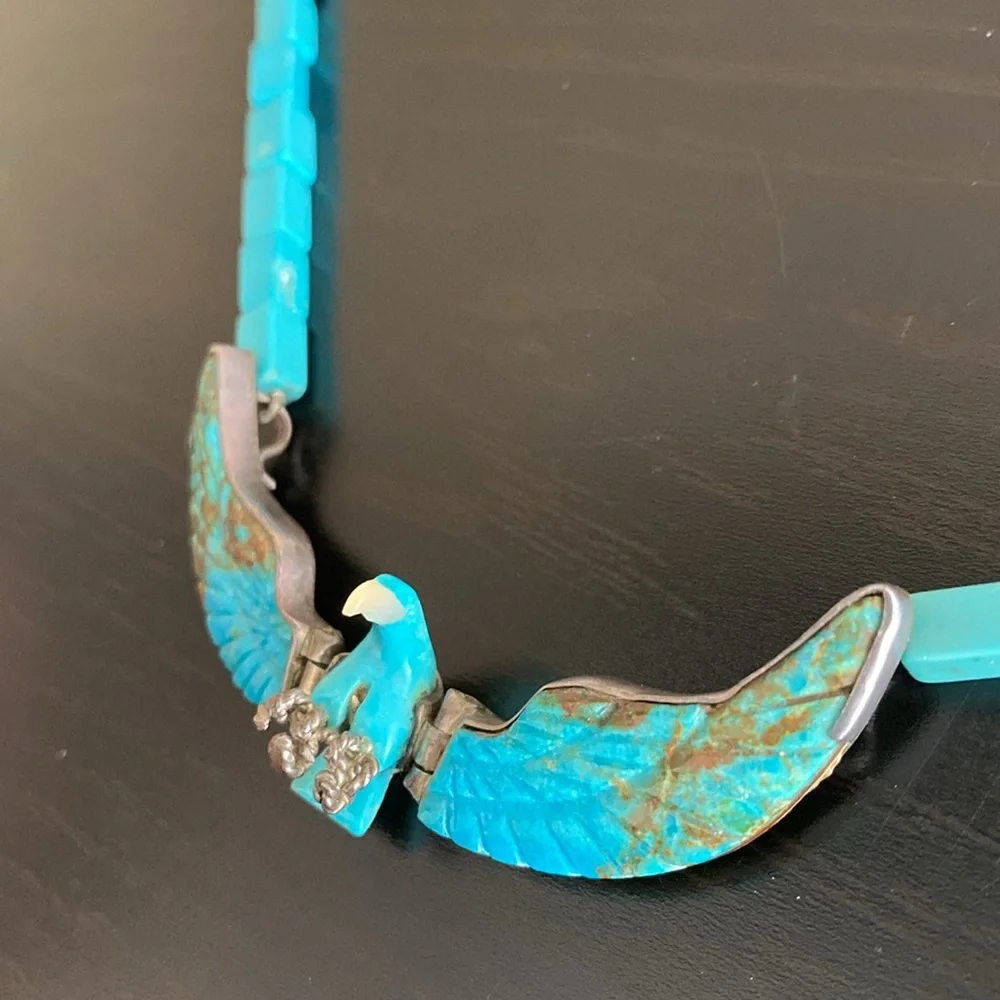 Navajo Native American Turquoise Silver & Mother of Pearl Eagle Necklace - Picture 4 of 17
